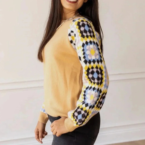 SOUTHERN GRACE Enchanting Crochet Sleeve Yellow Knit Sweater - Picture 3 of 10